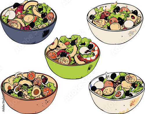 Delicious Fruit and Veggie Salad Bowls Fresh, Healthy, Colorful