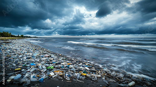 Polluted beach with plastic waste under a stormy sky showing environmental degradation and pollution