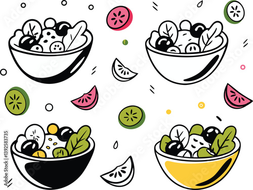 Delicious Salad Bowls Fresh Greens, Olives, and Colorful Fruits
