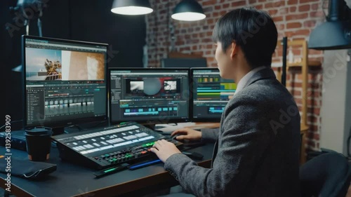 Wallpaper Mural A young Asian man works on a video editing project using multiple monitors and a control panel in a modern studio. Concept of digital creativity, media production, and post-processing. Torontodigital.ca