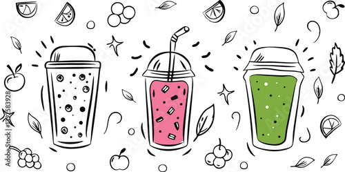 Refreshing Fruit Smoothies Berry, Pink, Green, Healthy Drinks