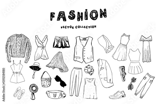 Unique hand-drawn black-and-white fashion sketches featuring dresses, skirts, jackets, shoes, bags, hats, and accessories. Perfect for designers.