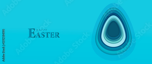 Easter paper cut egg on blue banner background. Festive holiday card design. Happy Easter vector.