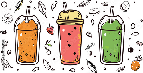 Refreshing Fruit Smoothies Three Delicious Flavors, Straws, and Fresh Ingredients