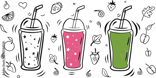 Refreshing Smoothie Cups Strawberry, Berry, and Green Detox Drinks