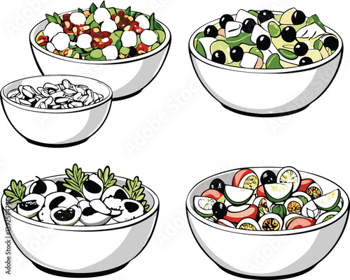 Four Delicious Salad Bowls Greek, Mediterranean, Bean, and Mushroom