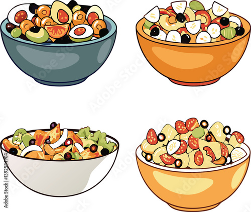 Four Colorful Fresh Salads in Bowls Delicious Healthy Meals