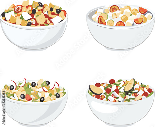 Four Delicious Salad Bowls Pasta, Vegetable, and Cheese Combos