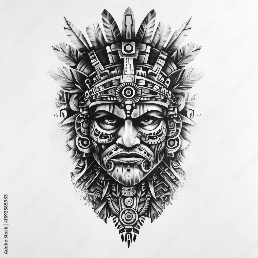 Obraz premium Detailed Aztec Warrior Drawing with Headdress and Intense Expression