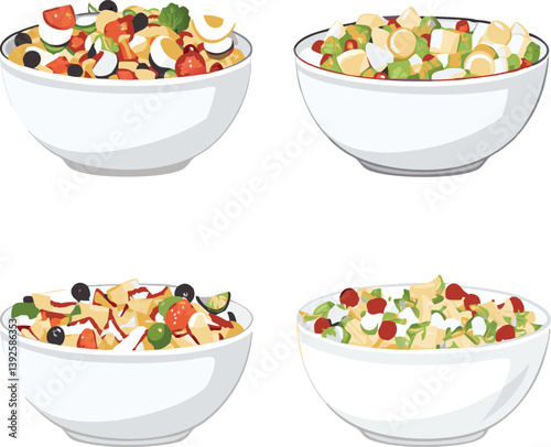 Four Delicious Salad Bowls Pasta, Egg, Veggie, and More