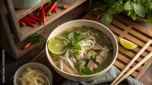 Delicious Vietnamese Pho Bowl, Tender Beef Slices, Fresh Mint and Cilantro, Clear Broth, Rustic Warm Setting