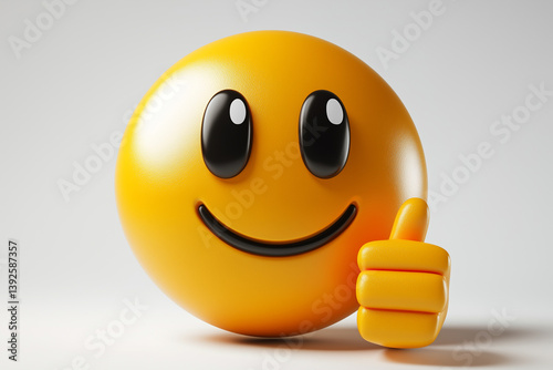 Smiley emoticon with thumbs up on white background. 3d illustration