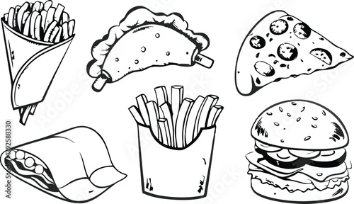Fast Food Menu Pizza, Burger, Fries, Empanada, Burrito