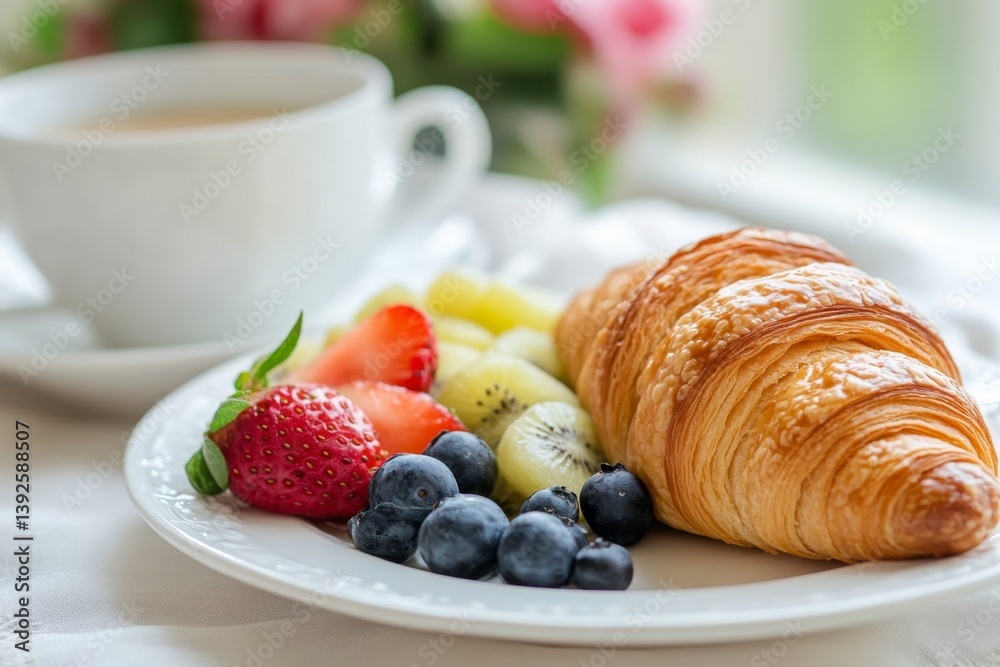 Fresh Croissant with Berries and Coffee on Table with Flowers