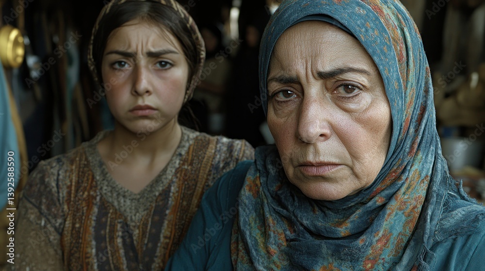 Fototapeta premium A somber portrait of a mother and daughter in a distressed environment
