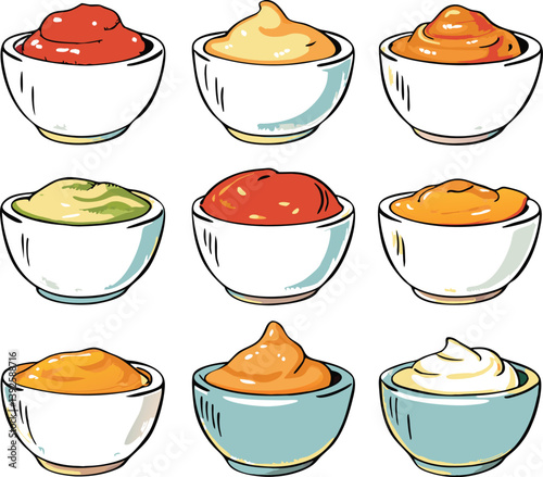 Nine Delicious Sauce Bowls Ketchup, Mustard, Mayonnaise, Various Dips