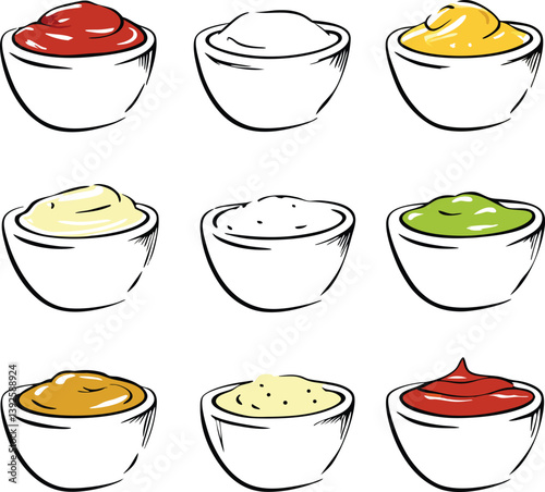Nine Delicious Dipping Sauces in Bowls Ketchup, Mustard, Mayo