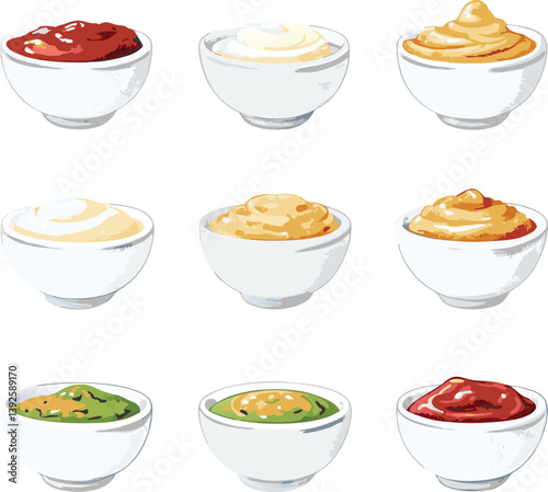 Nine Delicious Dipping Sauces in White Bowls Variety