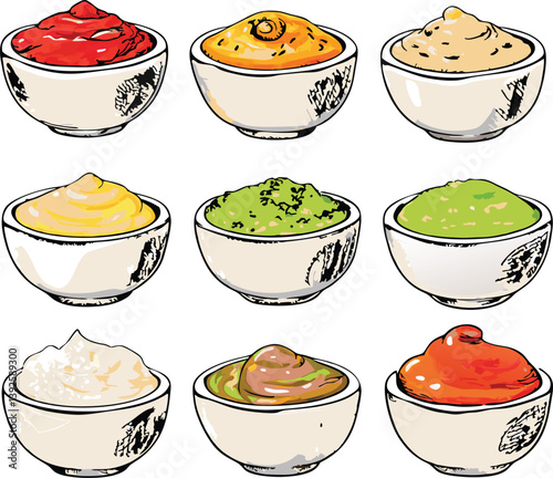 Nine Delicious Dips Sauces, Condiments, and Spreads in Bowls