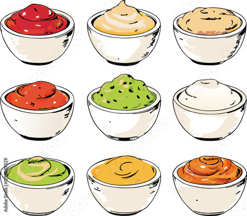 Nine Delicious Dip Bowls Sauces, Ketchup, Mustard, Mayo