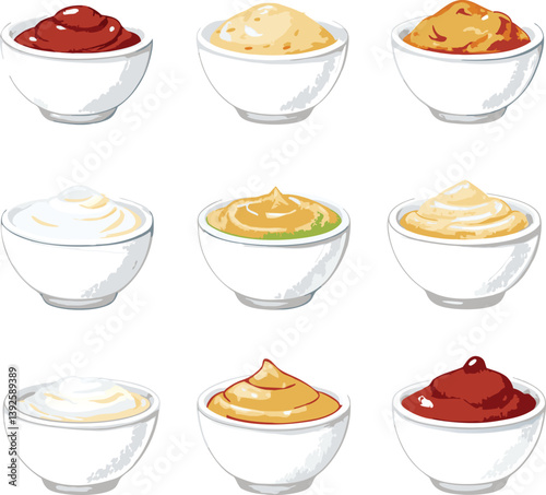 Nine Delicious Dipping Sauces in White Bowls