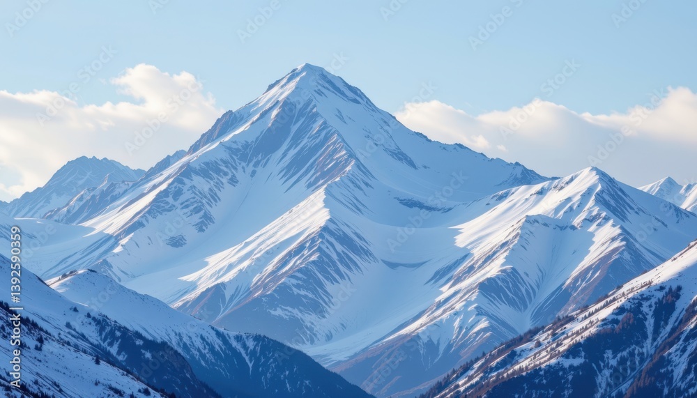 Obraz premium A realistic illustration of a snow capped mountain range, the jagged peaks soaring into the sky and a blanket of white covering the landscape.