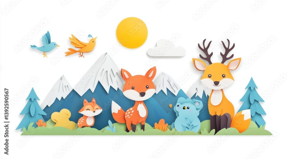Fototapeta premium 3D paper-cut style cute forest animals, deer, foxes, and birds in front of mountains with a white background