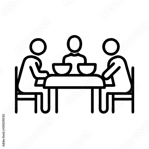 Illustration of family dinner time together at dining table with bowls and chairs outline vector image