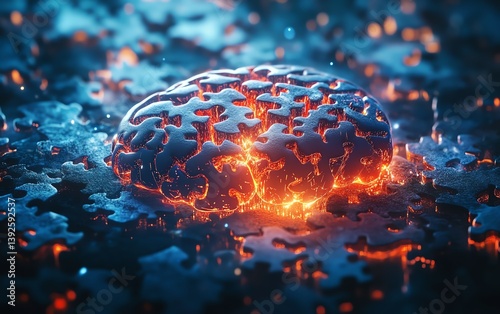 Glowing puzzle brain, abstract concept of intelligence and problem-solving.