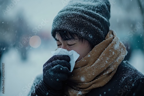 A person bundled up in winter clothing, sneezing into a tissue outside in the snow, with visible cold breath and a scarf wrapped around their neck, chilly and atmospheric, highlighting winter health photo