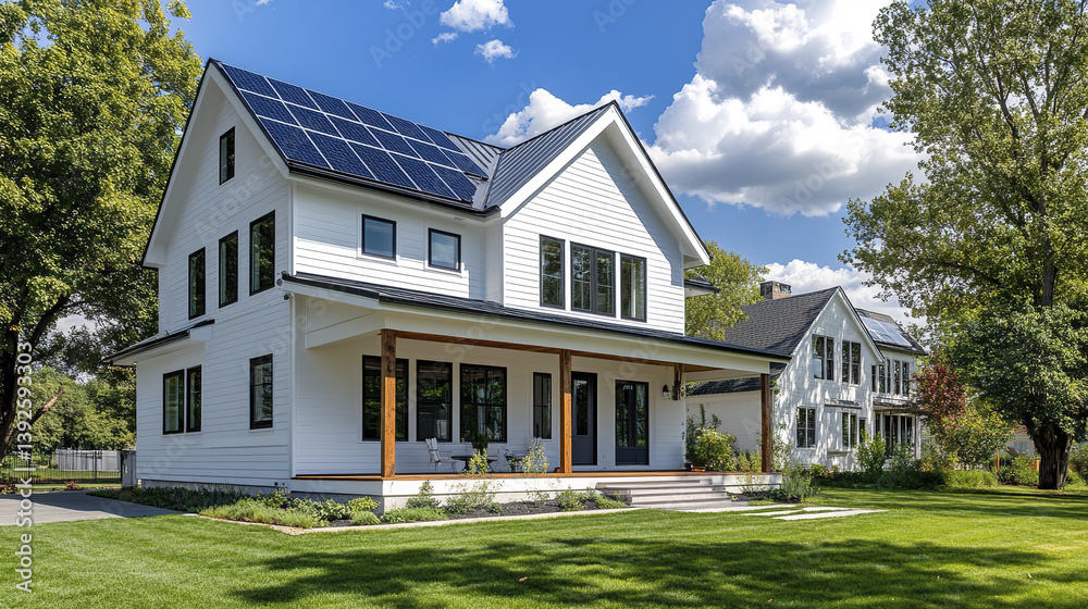 Naklejka premium Modern white house with solar panels on roof, surrounded by trees
