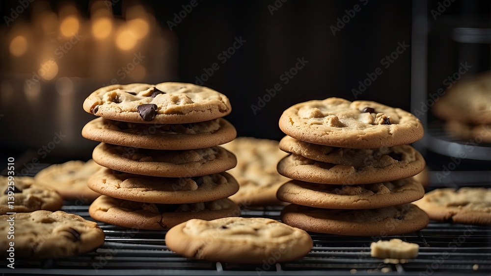 Freshly baked chocolate chip cookies cooling on a wire rack with a warm