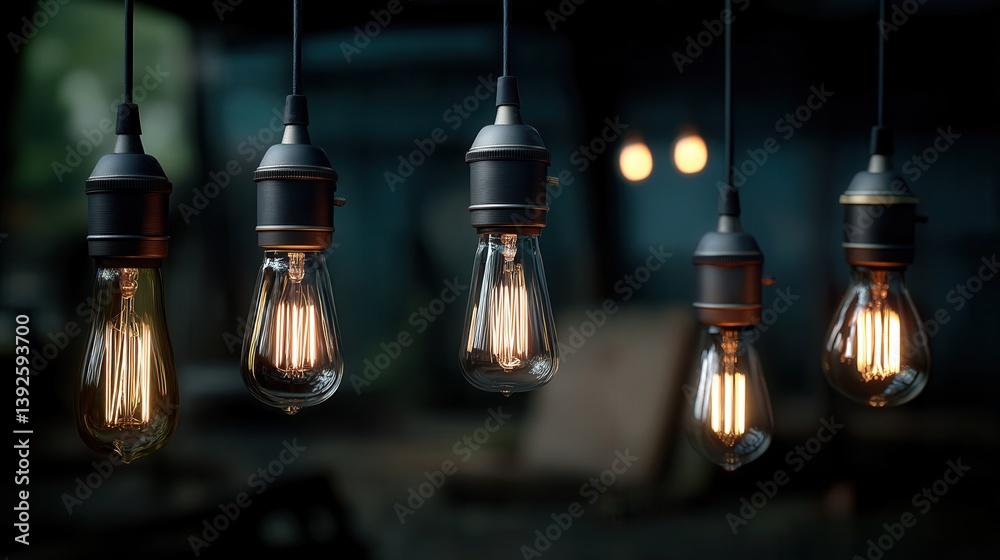 Obraz premium Atmospheric vintage Edison bulbs hanging in dark cafe