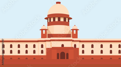 Front-view symmetrical Supreme Court of India vector illustration with central dome, arched windows, and domed towers in beige/red-brown. Muted tones against light-blue sky. Symbolizes authority, flat