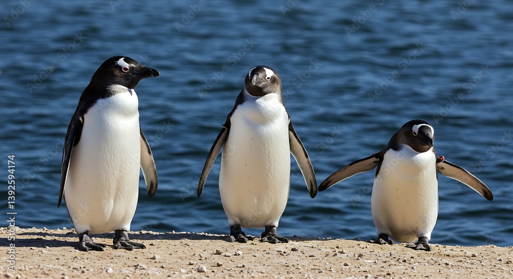 Fototapeta premium Coastal Rendezvous: A Penguin Trio's Seaside Gathering AI Generated