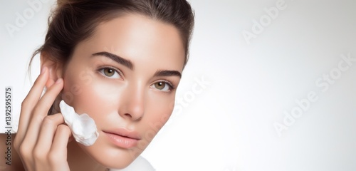 Woman applying facial cleanser