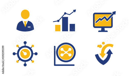 Business identity symbols showing success progress and partnership with flat icon illustration designs

