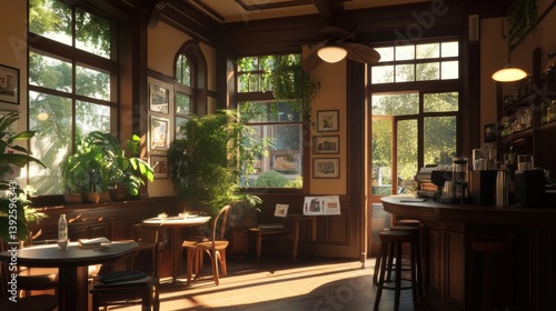 A cosy coffee shop corner with plush seating and warm lighting.