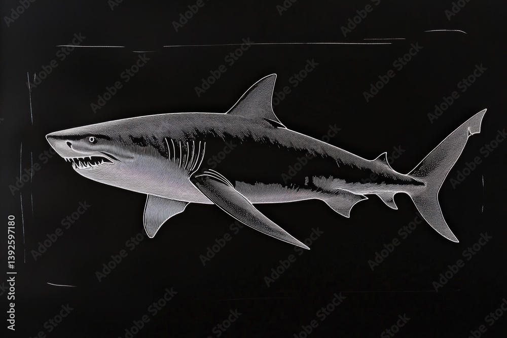 Obraz premium Great White Shark Illustration On Black. A stunning illustration of a great white shark against a black background, showcasing its powerful form and predatory features in detail.
