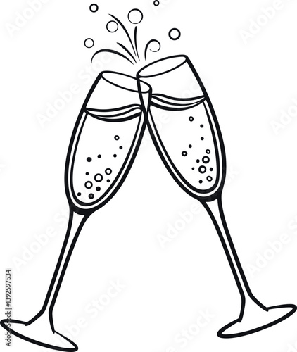 Vector Illustration of Champagne Glasses Clinking with Sparkles and Bubbles for Festive Celebrations and Events
