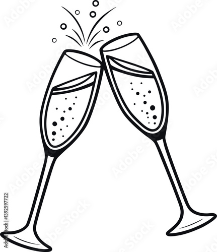 Vector Illustration of Champagne Glasses Clinking with Sparkles and Bubbles for Festive Celebrations and Events