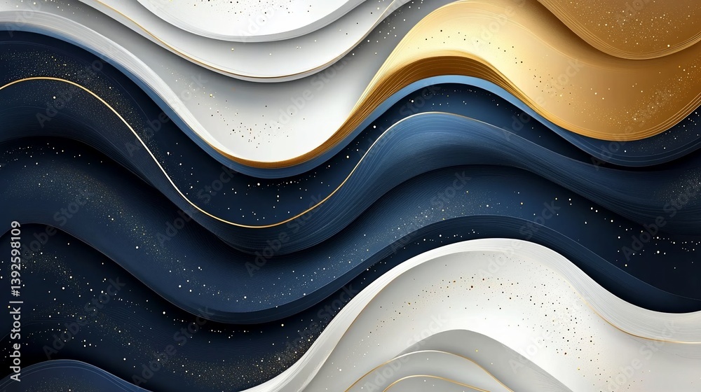 Abstract layered wave background with elegant golden, blue, and white colors Abstract layered wave background with elegant golden, blue, and white colors