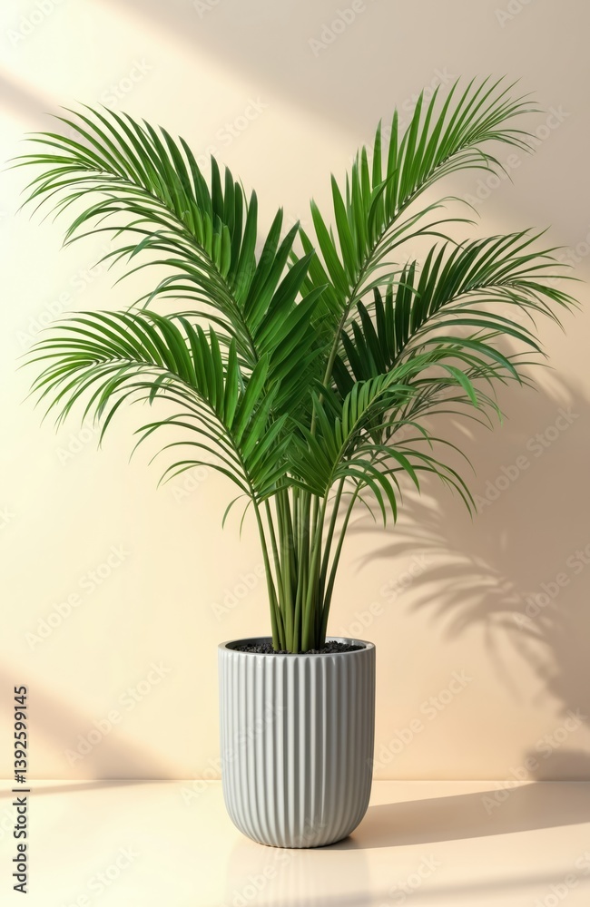 Fototapeta premium Golden cane palm tree in white ceramic pot. Indoor houseplant with lush green fronds. Home decor, interior design concept. Modern decor. Neutral background. Ideal for product display in bright room.