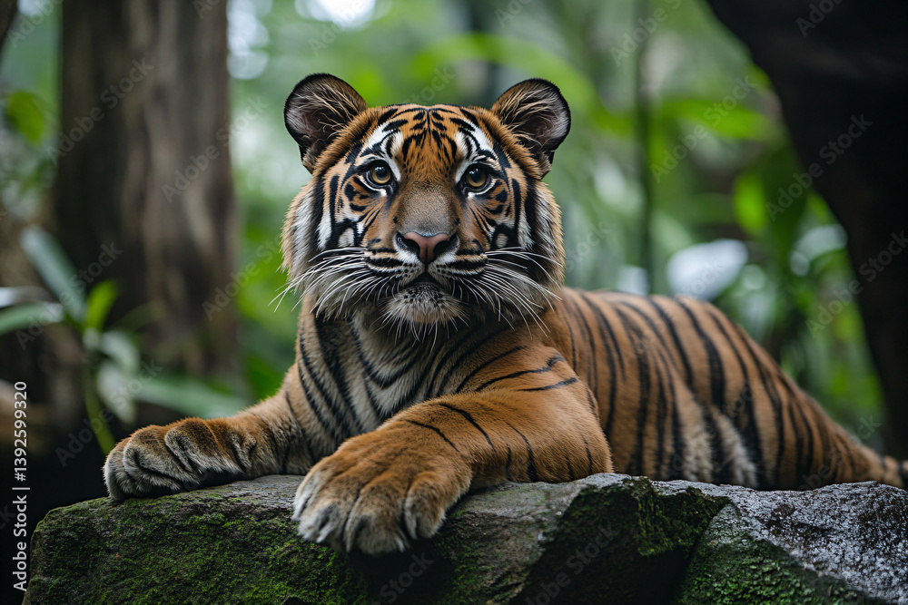 Fototapeta premium a tiger laying on a rock in a forest