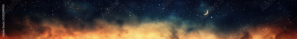 Vibrant sunset blends with a starry night sky over a serene landscape