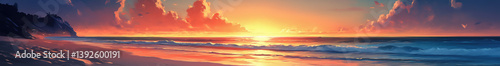 Obraz na płótnie Sun setting over tranquil beach with vibrant clouds and gentle waves during evening w salonie