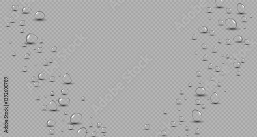 Transparent raindrops dripping down the glass.Realistic texture of wet condensation.Fresh water splash effect on the surface.Spreading liquid drops on transparent background. PNG