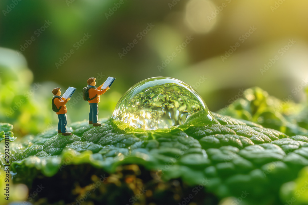 Miniature hikers explore a large water droplet on a vibrant green leaf