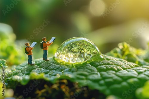Miniature hikers explore a large water droplet on a vibrant green leaf
