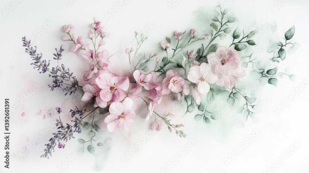 Fototapeta premium A watercolor painting of a flower bouquet with pink flowers and green leaves